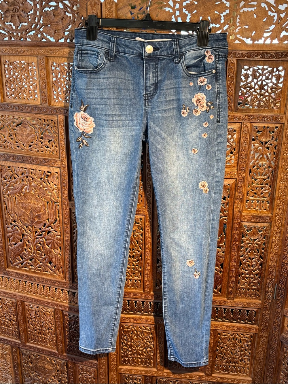 Tinseltown Blue Skinny Jeans with Pink Floral Embroidery